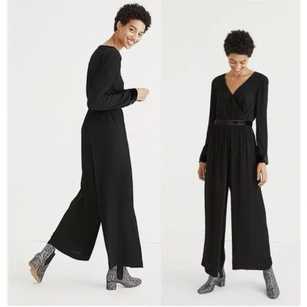 Madewell Velvet Trim Jumpsuit Womens 10 Black Wide Leg Long Sleeve V-Neck Party